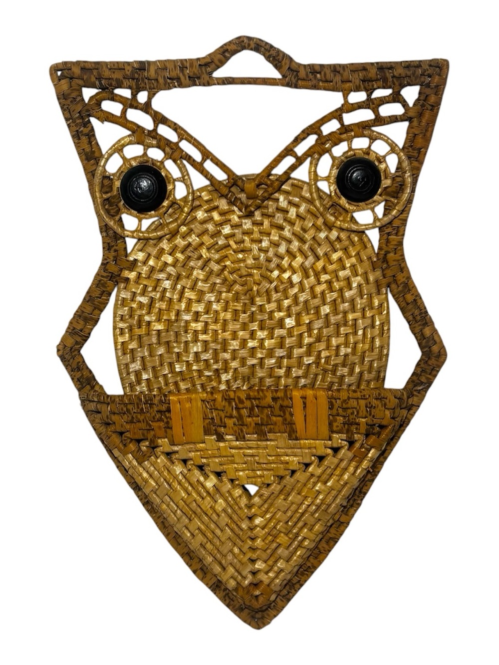 1970s Wicker Woven Rattan Owl Mail Holder Wall Pocket Basket Boho Chic